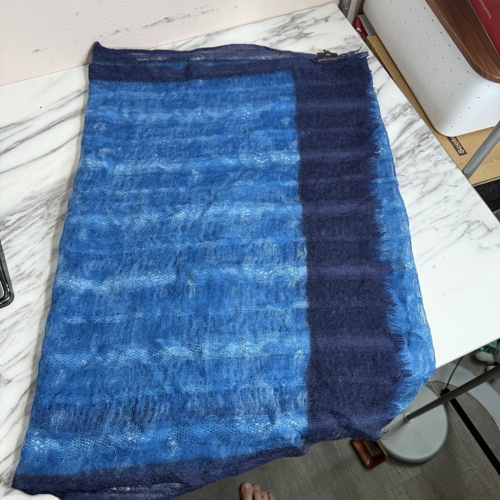 Eileen Fisher 100% Wool Scarf Blue Open Weave Gauze Crinkle Textured Fringe OS